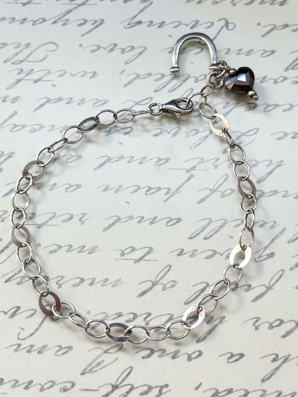 Delicate Silver Chain Bracelet with Hematite Heart Charm & Horseshoe Charm